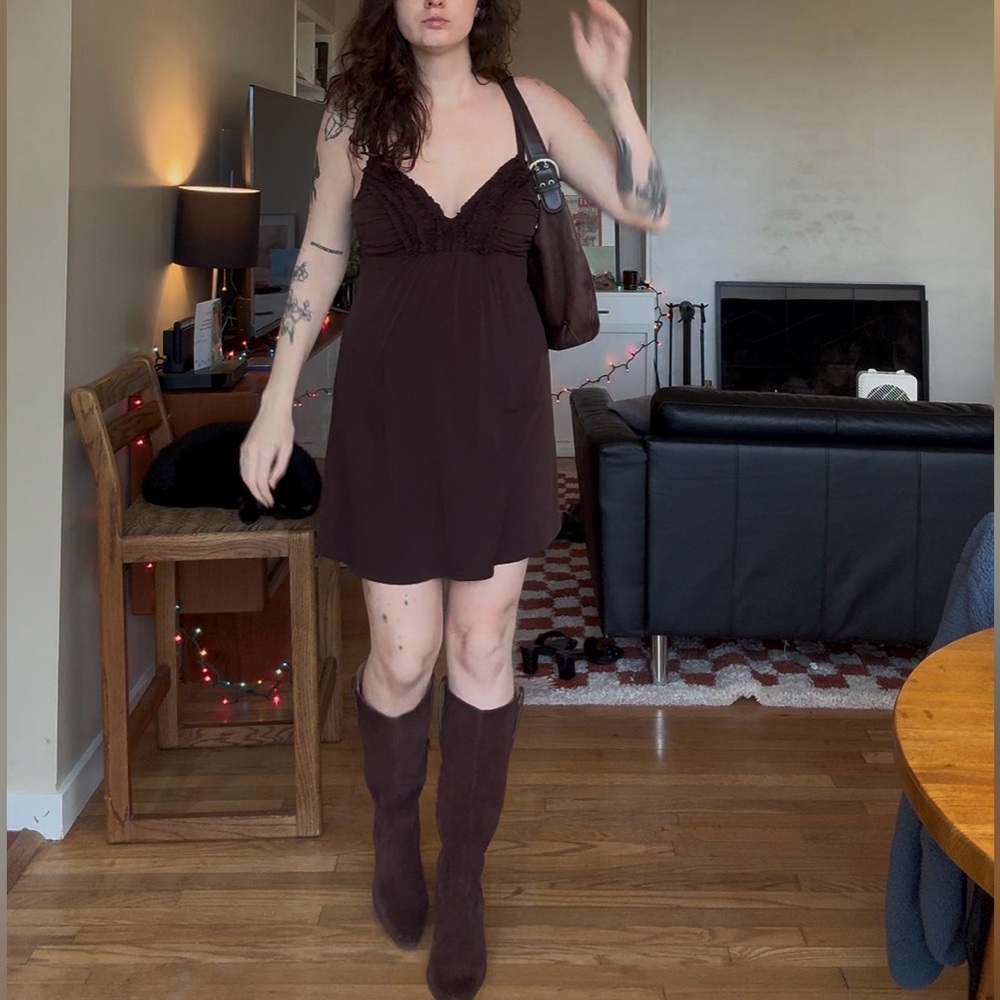 Vintage 90s Chocolate Brown Babydoll Mini Dress